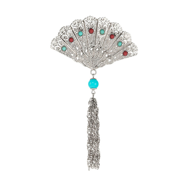 Olivia Riegel Silver Fan with Tassel Brooch
