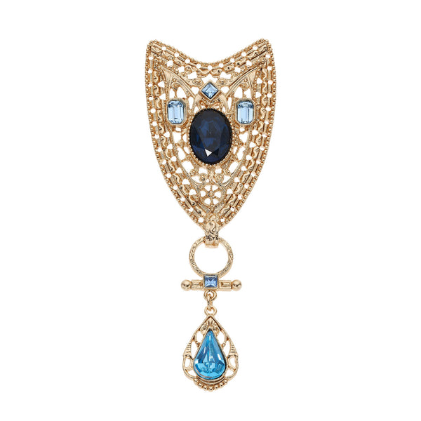 Olivia Riegel Gold Shield Teardrip Brooch with Blue Stones