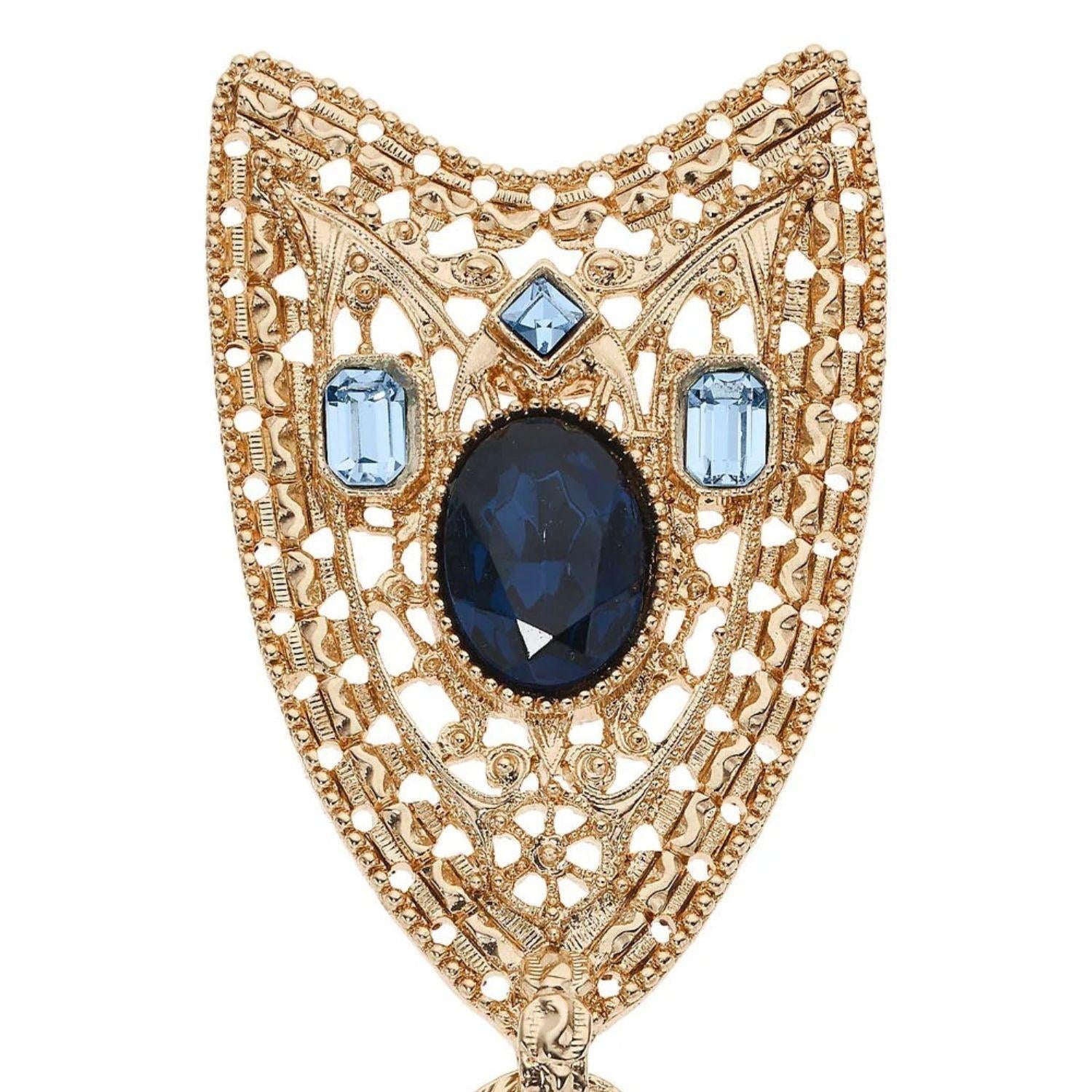 Olivia Riegel Gold Shield Teardrip Brooch with Blue Stones