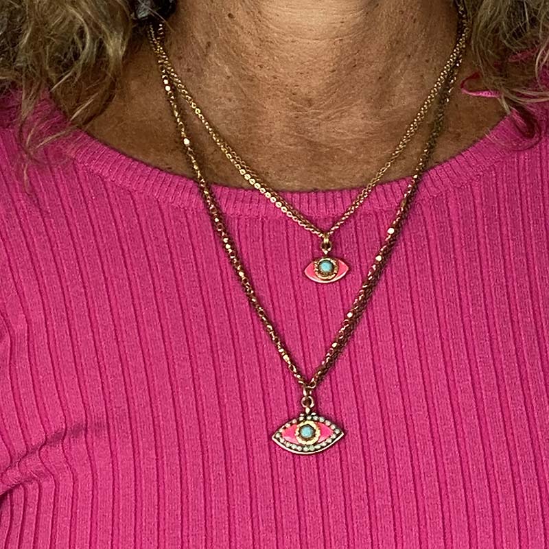 Michal Golan Small Pink, Turquoise, and Black Evil Eye Necklace