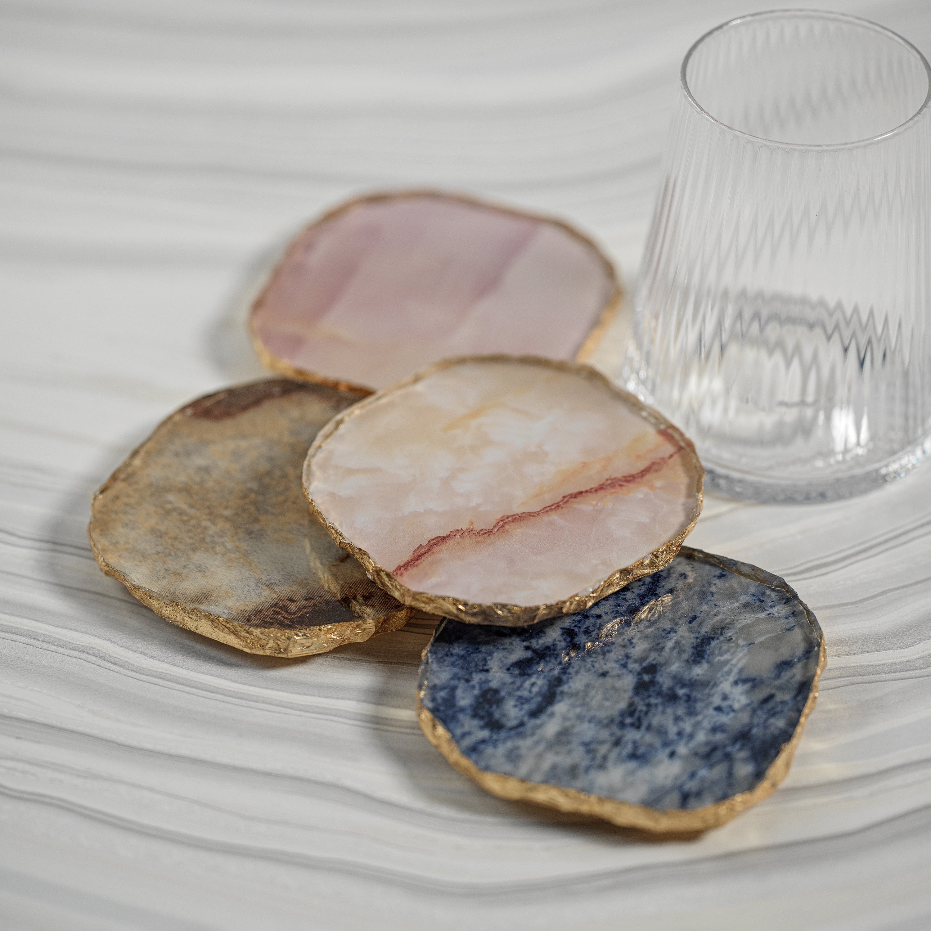 Agate Marble Glass Coaster Gold Rim Yellow Orange Tone