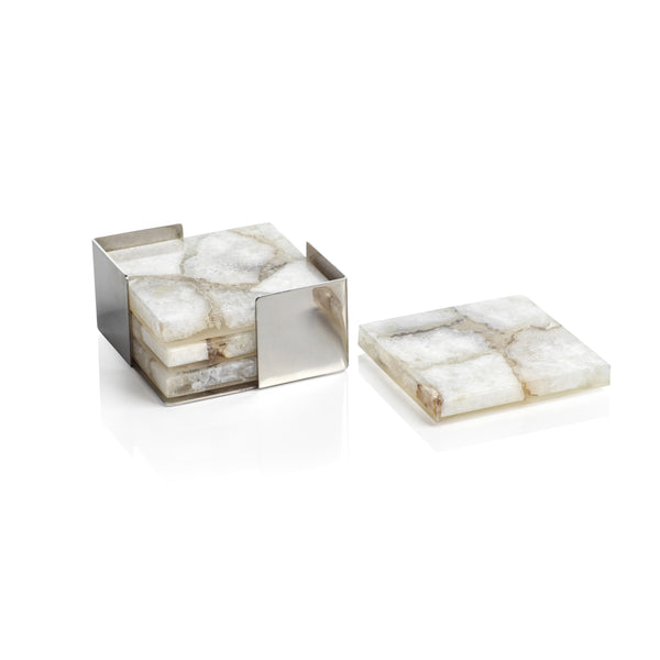 Crete Agate Coasters on Alloy Tray - Set of 4 - Taupe / White