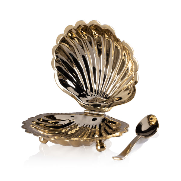 Cap Ferrat Fan Shell Lidded Bowl w/ Spoon, Polished Gold
