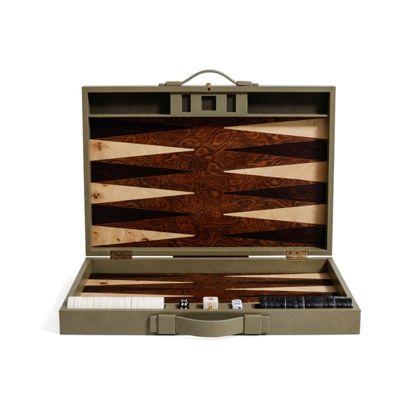 Geneva 19" Backgammon Set- Dusty Green Leather