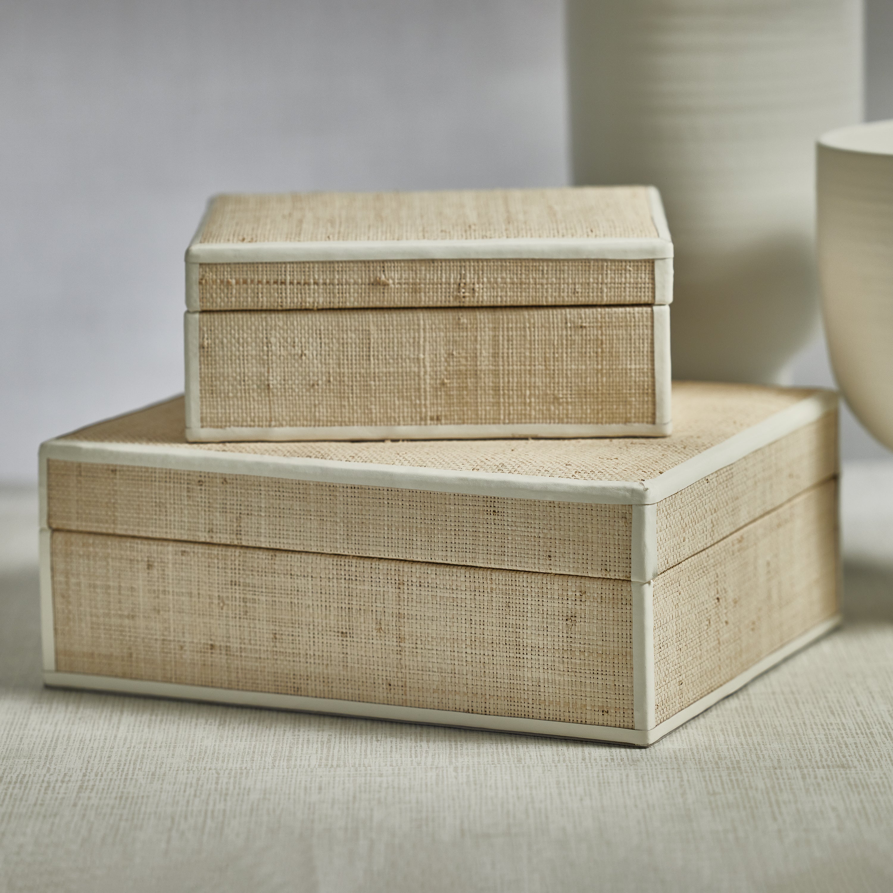 Atelier Natural Fiber Raffia Box w/ Leather Trim -13" x 10" x 5"