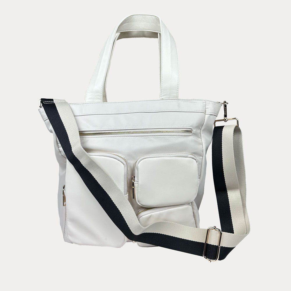 Ahdorned Handbags Cream Ahdorned Jessie Nylon & Vegan Leather Multi Pocket Tote