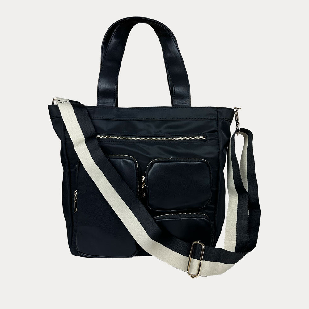 Ahdorned Handbags Black Ahdorned Jessie Nylon & Vegan Leather Multi Pocket Tote