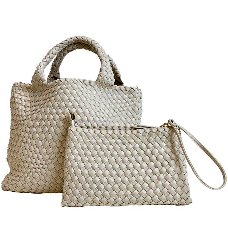 Ahdorned Handbags ECRU Ahdorned Lily Woven Neoprene Tote with Pouch-Fall Collection