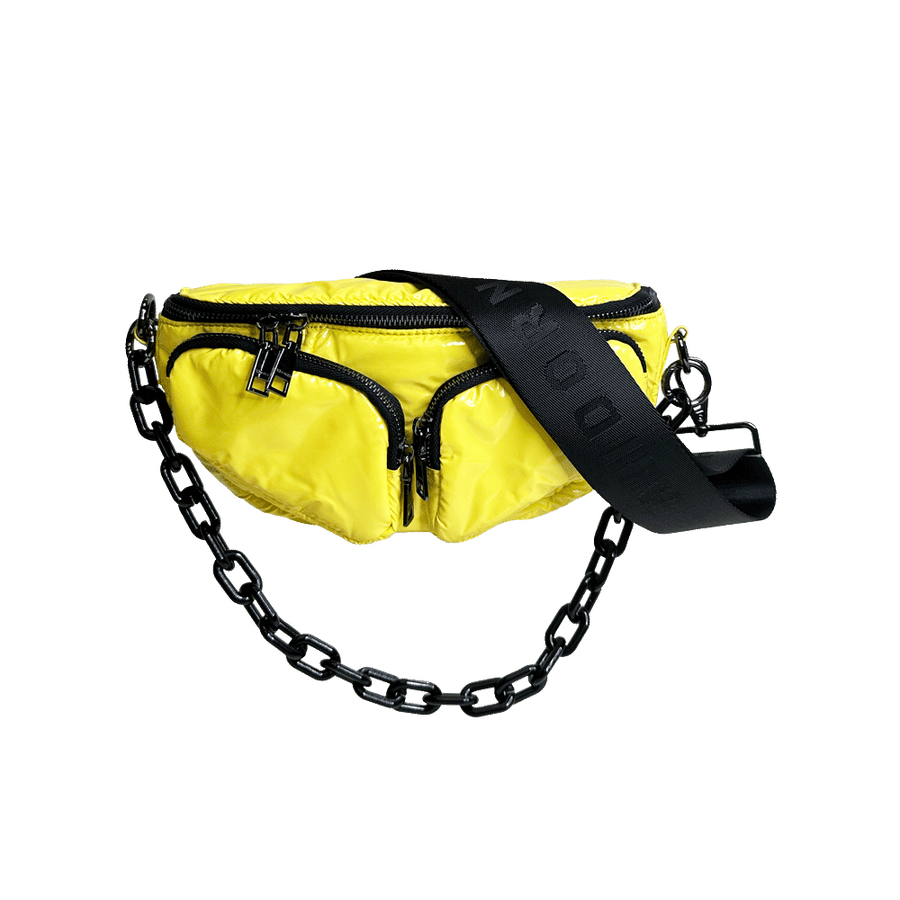 Ahdorned Handbags YELLOW Ahdorned Rachel Double Pocket Puffy Sling/Waist Bag w/Black Resin Chain & 2" Adjustable Solid Black Strap Assorted