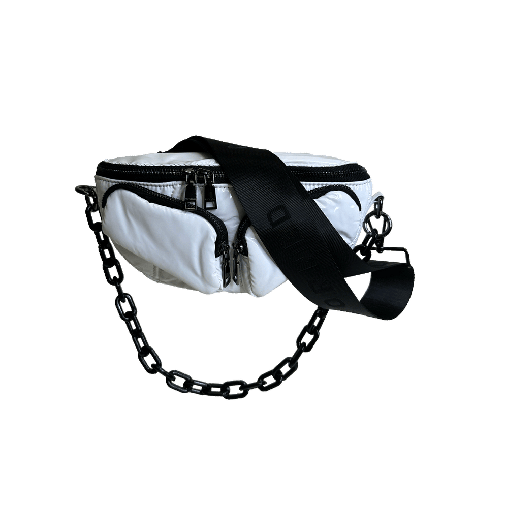 Ahdorned Handbags WHITE Ahdorned Rachel Double Pocket Puffy Sling/Waist Bag w/Black Resin Chain & 2" Adjustable Solid Black Strap Assorted