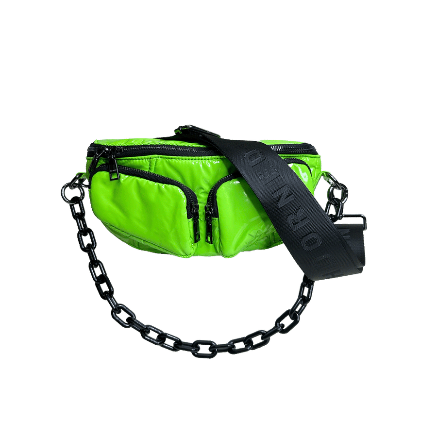 Ahdorned Handbags GREEN Ahdorned Rachel Double Pocket Puffy Sling/Waist Bag w/Black Resin Chain & 2" Adjustable Solid Black Strap Assorted