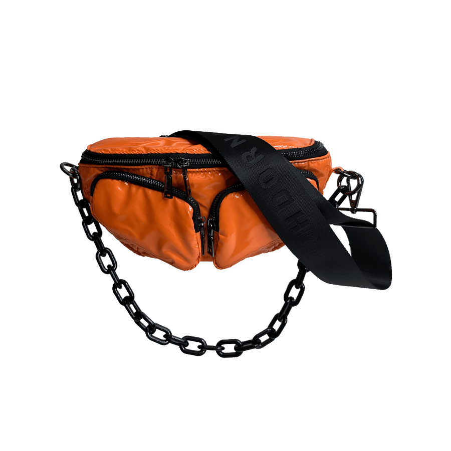 Ahdorned Handbags ORANGE Ahdorned Rachel Double Pocket Puffy Sling/Waist Bag w/Black Resin Chain & 2" Adjustable Solid Black Strap Assorted