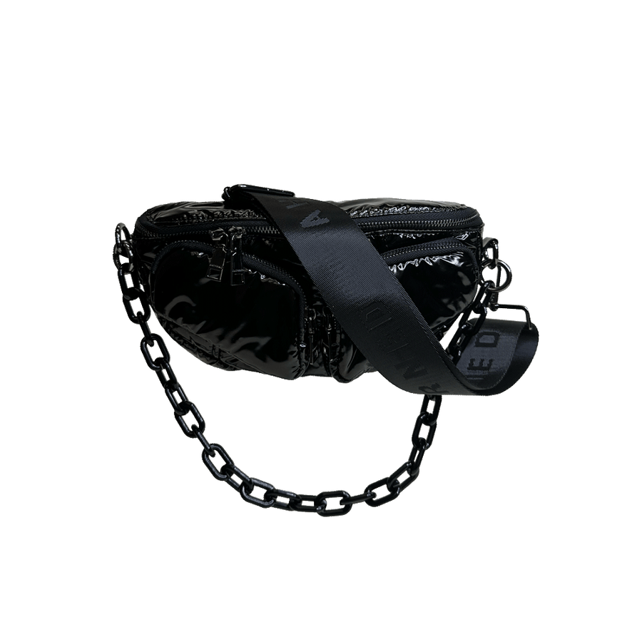 Ahdorned Handbags BLACK Ahdorned Rachel Double Pocket Puffy Sling/Waist Bag w/Black Resin Chain & 2" Adjustable Solid Black Strap Assorted