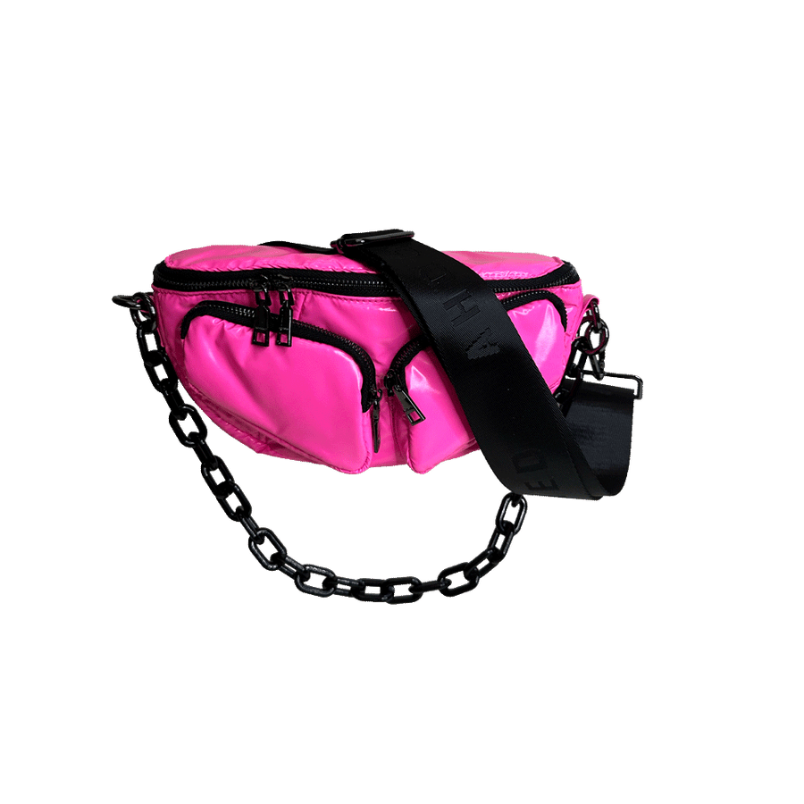 Ahdorned Handbags PINK Ahdorned Rachel Double Pocket Puffy Sling/Waist Bag w/Black Resin Chain & 2" Adjustable Solid Black Strap Assorted