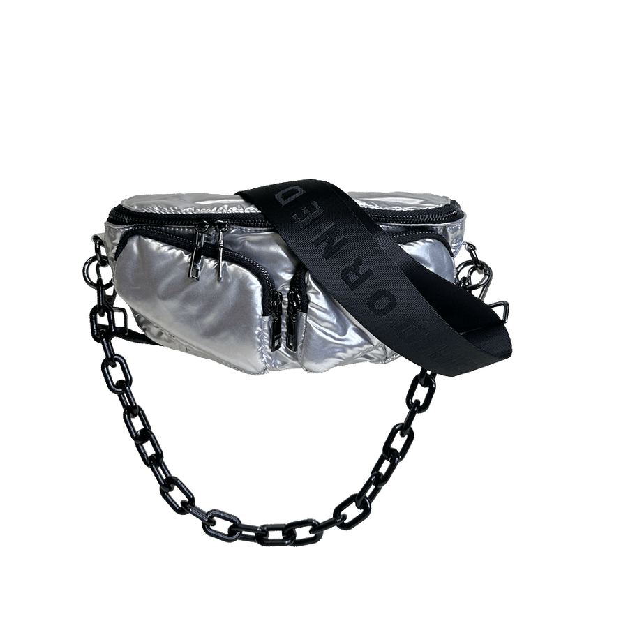 Ahdorned Handbags SILVER Ahdorned Rachel Double Pocket Puffy Sling/Waist Bag w/Black Resin Chain & 2" Adjustable Solid Black Strap Assorted