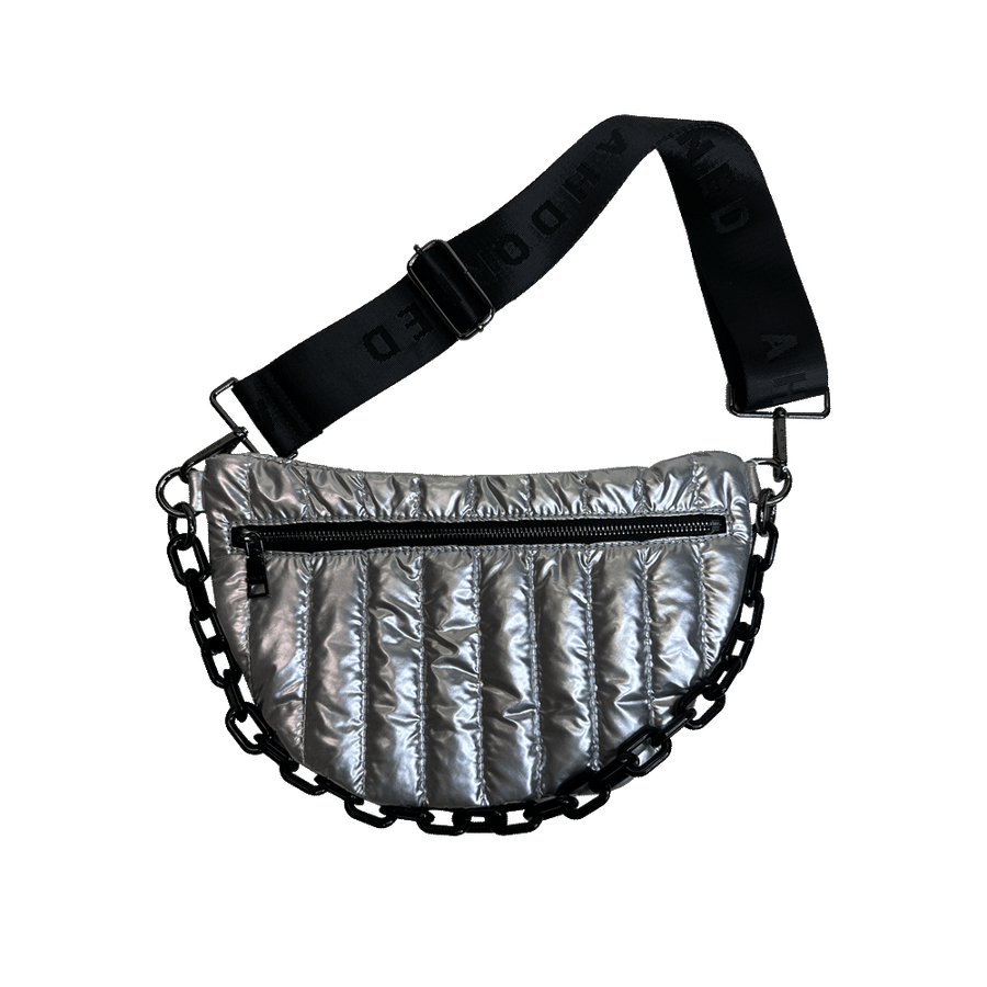 Ahdorned Handbags SILVER Ahdorned Reese Quilted Sling/Waist Bag w/Black Resin Chain & 2" Solid Black Adjustable Strap Assorted