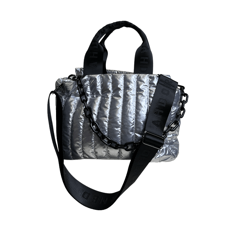 Ahdorned Handbags SILVER Ahdorned Rosie Quilted Tote w/Black Resin Chain & 2" Adjustable Solid Black Strap