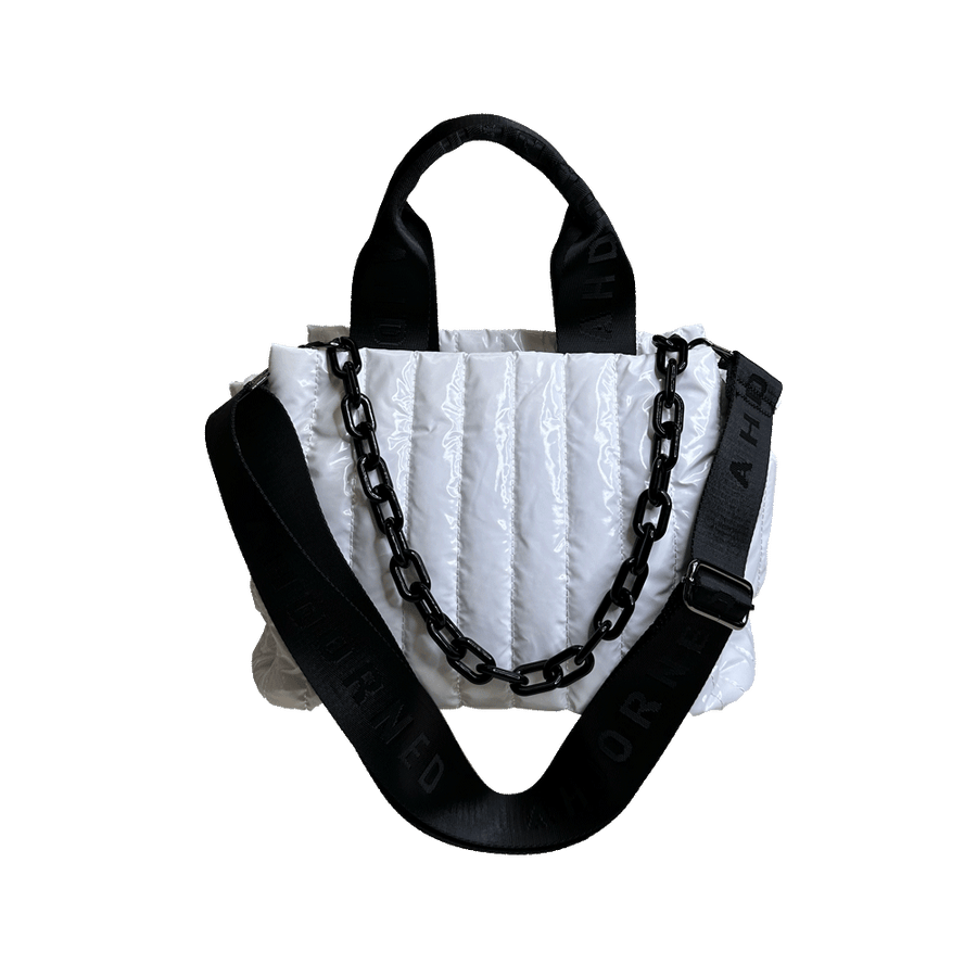 Ahdorned Handbags WHITE Ahdorned Rosie Quilted Tote w/Black Resin Chain & 2" Adjustable Solid Black Strap
