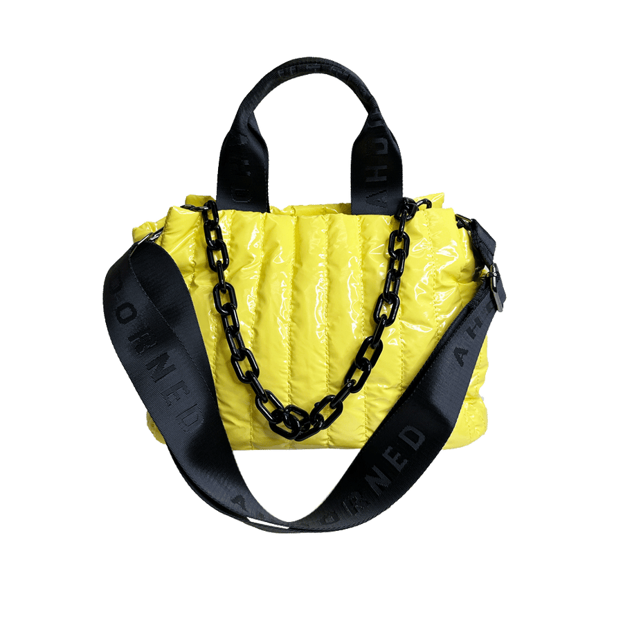 Ahdorned Handbags YELLOW Ahdorned Rosie Quilted Tote w/Black Resin Chain & 2" Adjustable Solid Black Strap