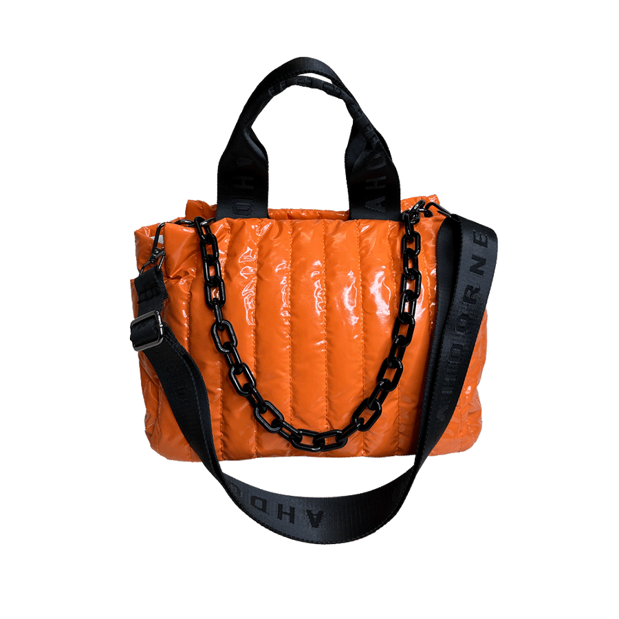 Ahdorned Handbags ORANGE Ahdorned Rosie Quilted Tote w/Black Resin Chain & 2" Adjustable Solid Black Strap
