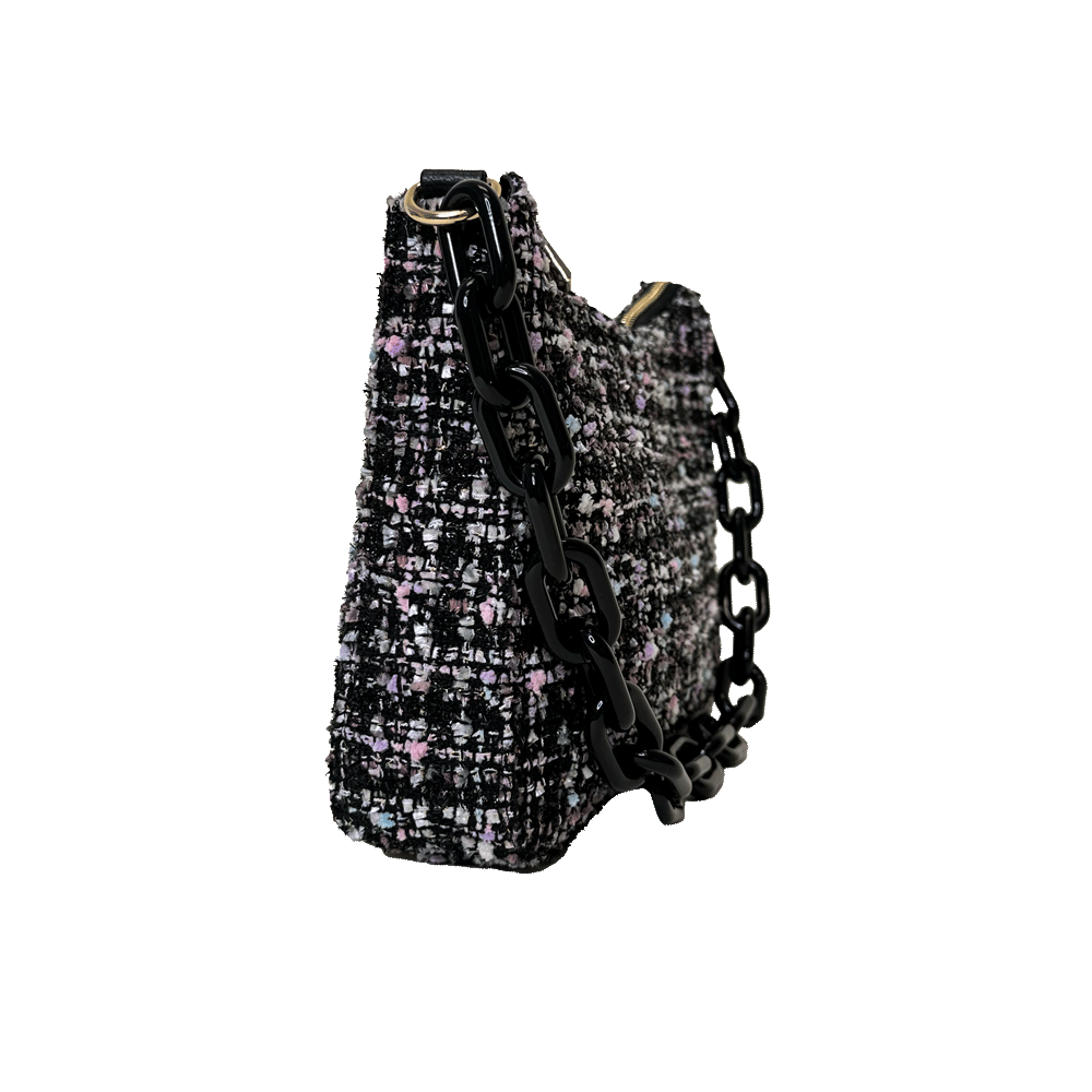 Ahdorned Handbags Title Ahdorned Terry Tweed Shoulder Bag w/Skinny Self Strap & Resin Shoulder Strap Black