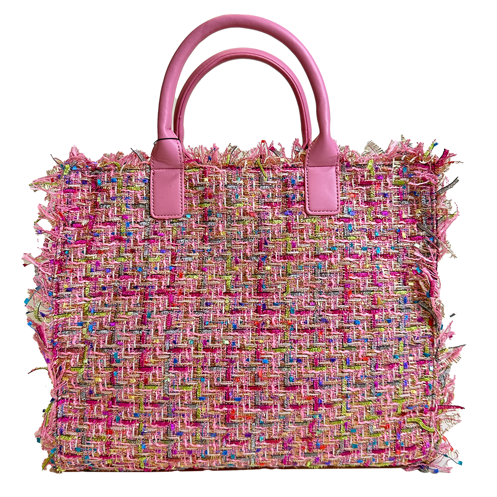 Ahdorned Handbags Pink Ahdorned Tori Fringe Tweed Tote w/Faux Leather Handles