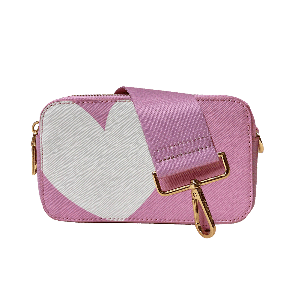 Ahdorned Handbags Pink w/White Heart-Gold Hardware Ahsorned Jamie Heart Camera Bag w/Interchangeable Bag Strap Assorted
