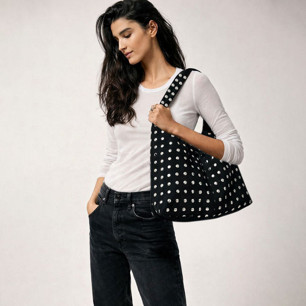 Ahdorned Handbags Black/Silver Studs Bella Slouchy Vegan Suede Studded Shoulder Bag