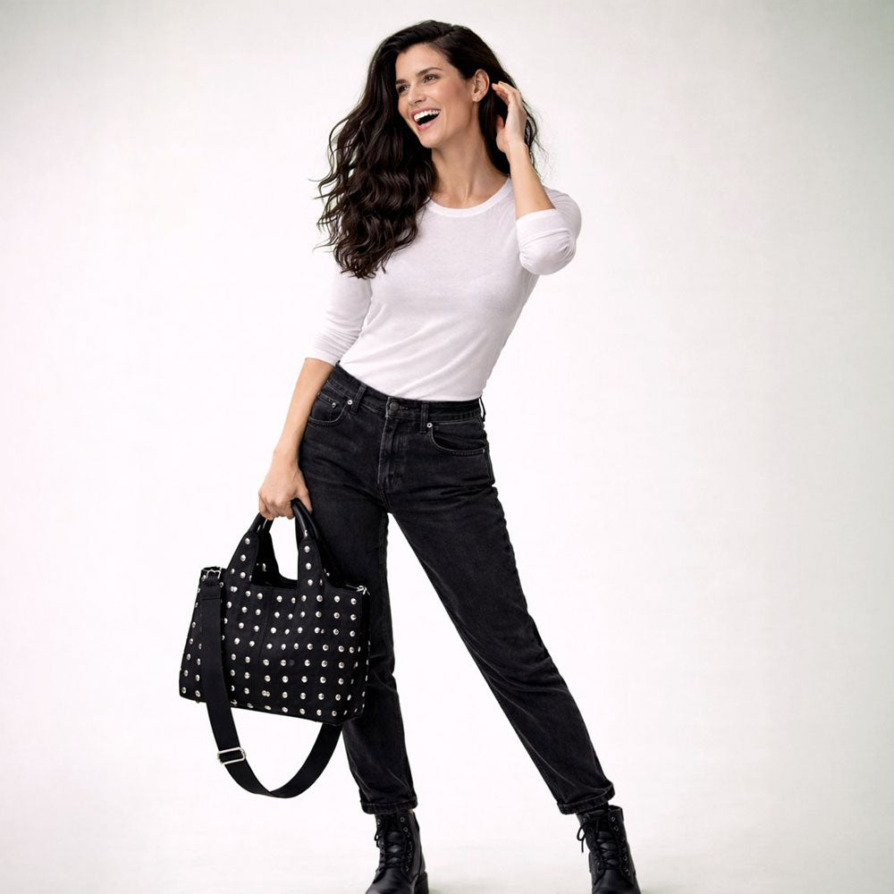 Ahdorned Handbags Black/Silver Studs Blake Vegan Suede Studded Tote