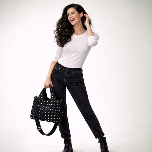 Ahdorned Handbags Black/Silver Studs Blake Vegan Suede Studded Tote