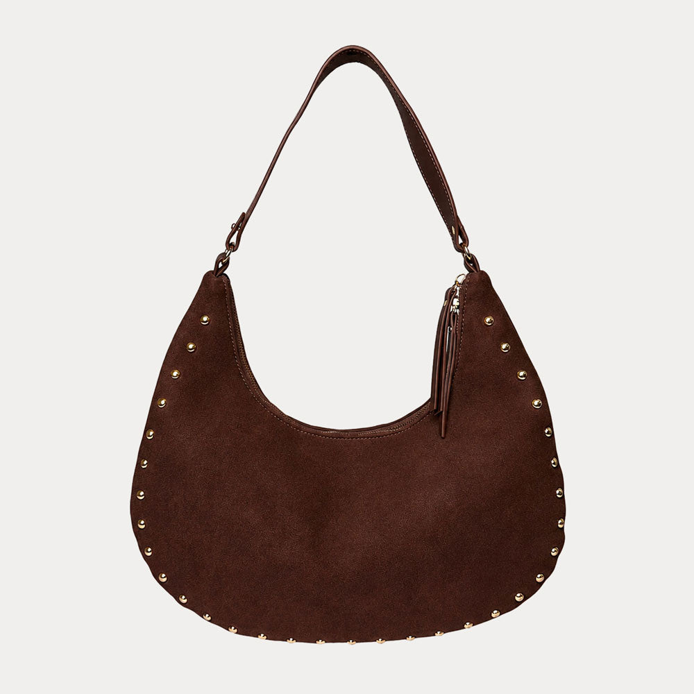 Ahdorned Handbags Chocolate Brie Studded Suede Shoulder/Crossbody Bag