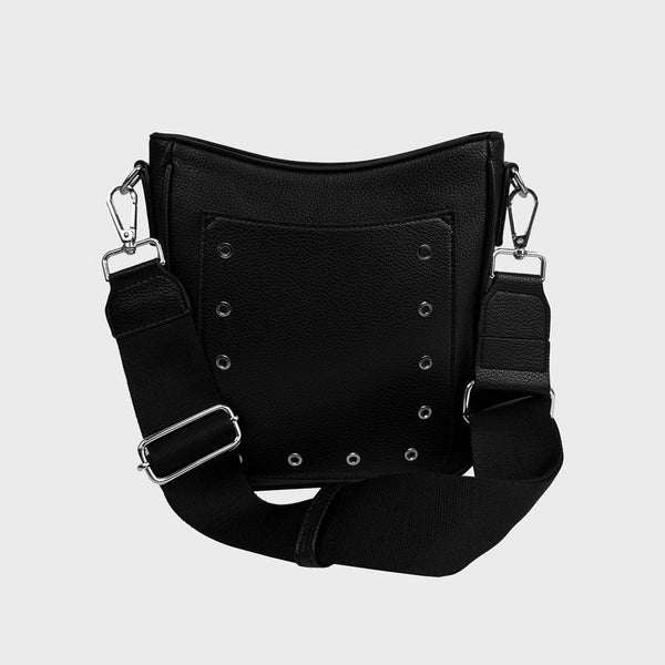 Ahdorned Handbags Black/Silver Grommets Madelyn Vegan Pebble Leather Crossbody Bag with Grommets