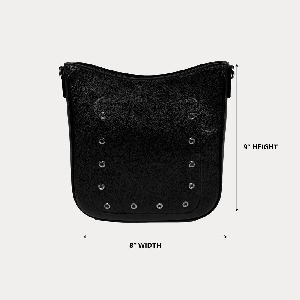 Ahdorned Handbags Black/Silver Grommets Madelyn Vegan Pebble Leather Crossbody Bag with Grommets