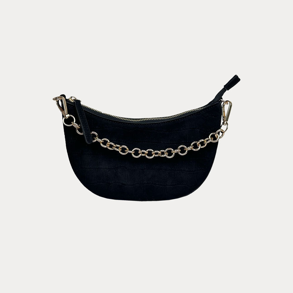 Ahdorned Handbags Mavis Crocodile-Embossed Vegan Suede Crescent Handbag