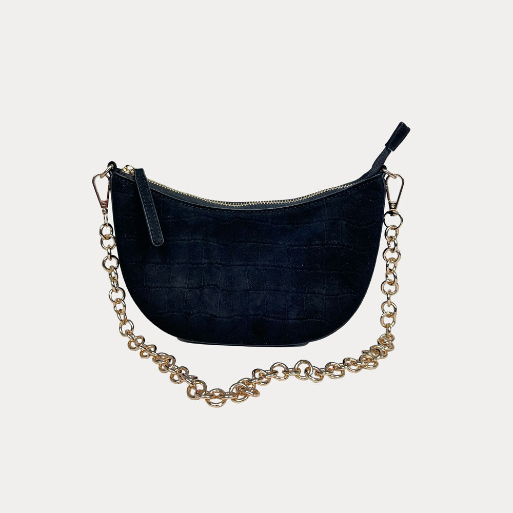 Ahdorned Handbags Mavis Crocodile-Embossed Vegan Suede Crescent Handbag