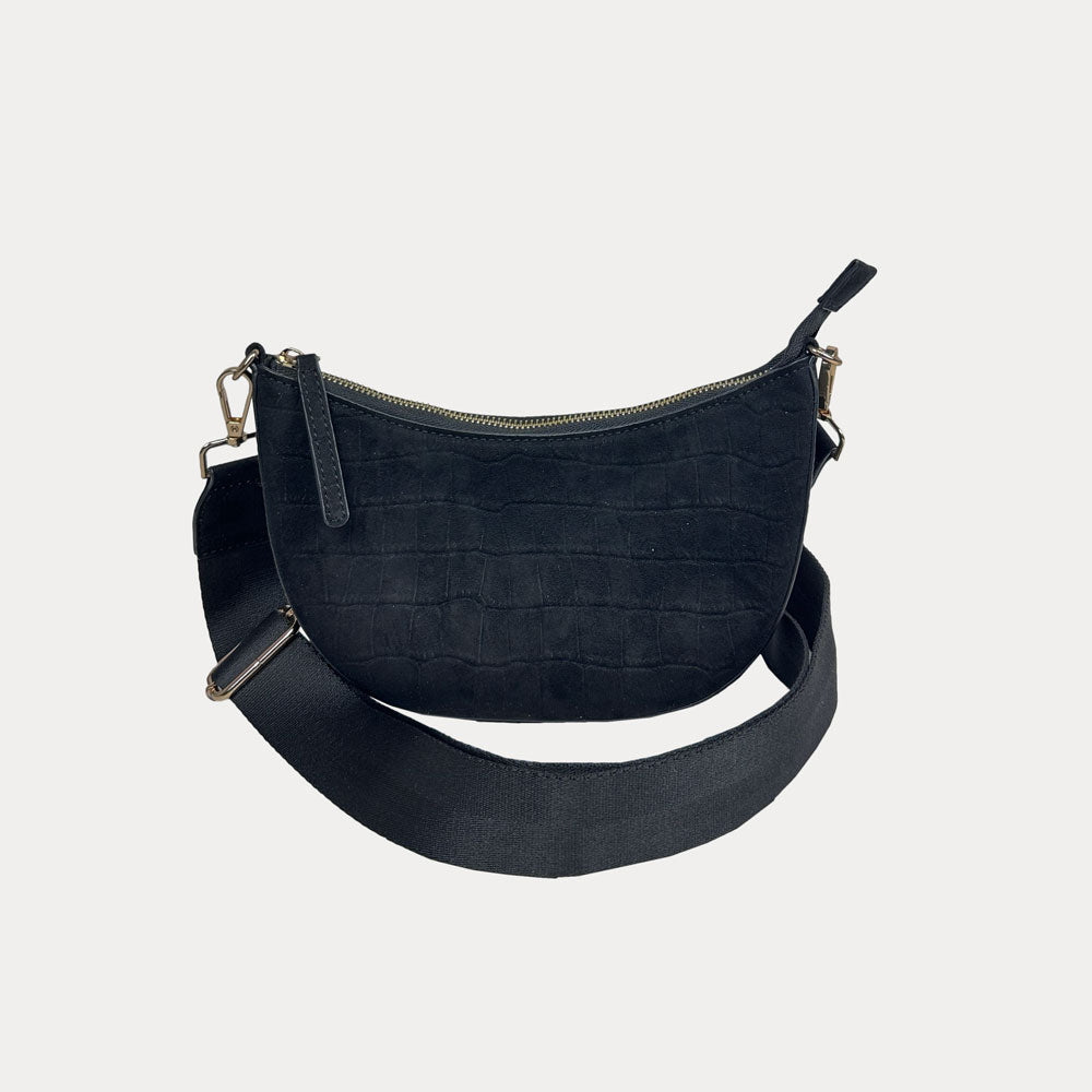 Ahdorned Handbags Mavis Crocodile-Embossed Vegan Suede Crescent Handbag