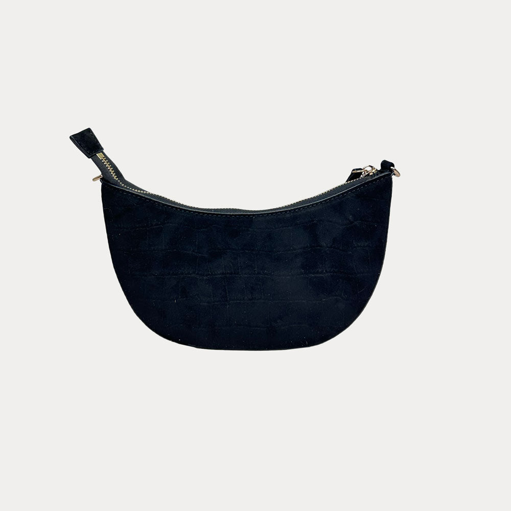 Ahdorned Handbags Mavis Crocodile-Embossed Vegan Suede Crescent Handbag