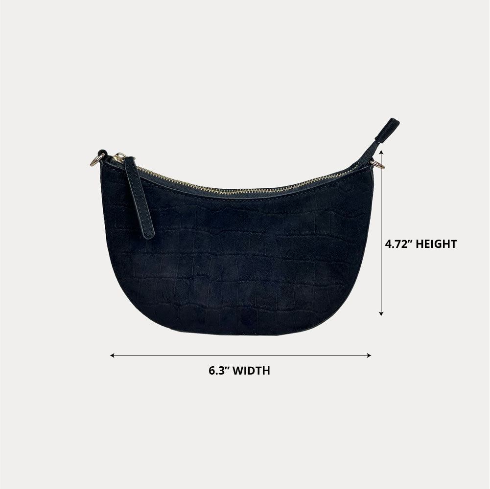 Ahdorned Handbags Mavis Crocodile-Embossed Vegan Suede Crescent Handbag