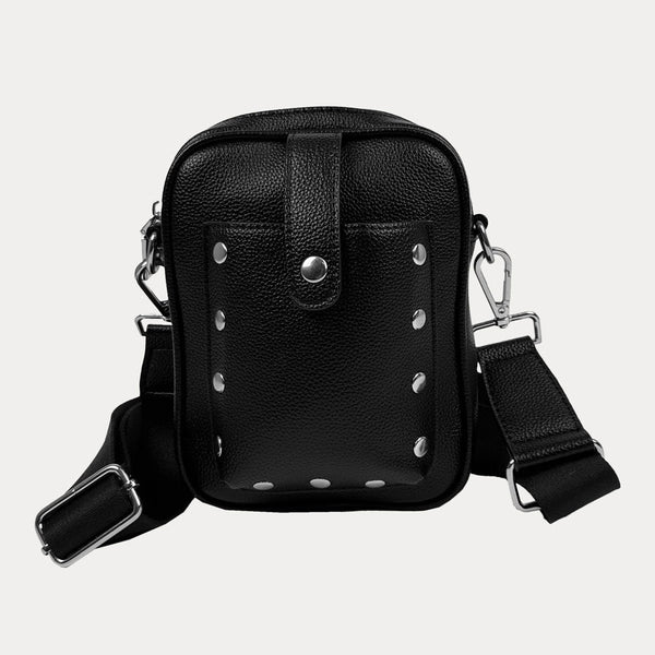 Ahdorned Handbags Black/Silver Studs Maya Studded Vegan Pebble Leather Crossbody Bag