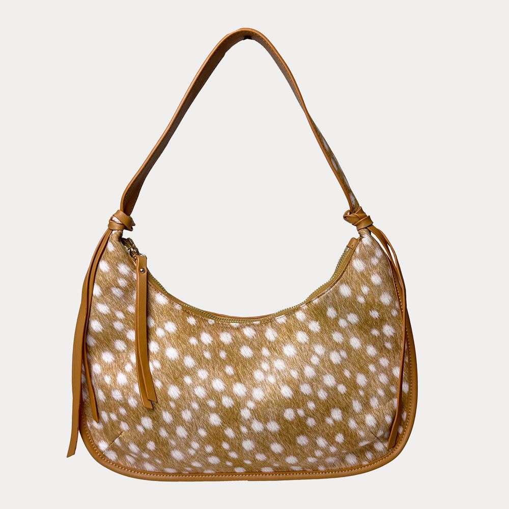 Ahdorned Handbags Deer/Camel Sara Animal Printed Suede Shoulder Bag w/ Tassels