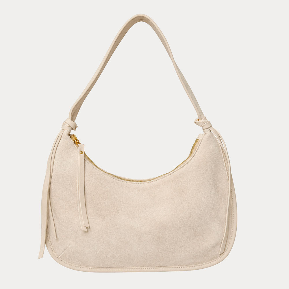Ahdorned Handbags Cream Sara Solid Suede Shoulder Bag w/ Tassels