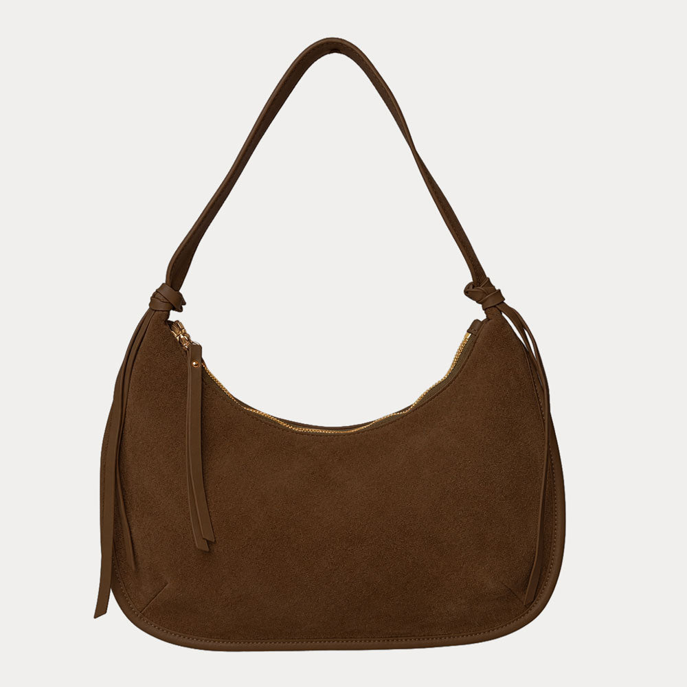Ahdorned Handbags Chocolate Sara Solid Suede Shoulder Bag w/ Tassels