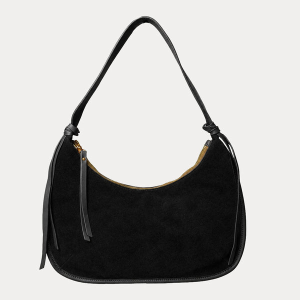 Ahdorned Handbags Black Sara Solid Suede Shoulder Bag w/ Tassels