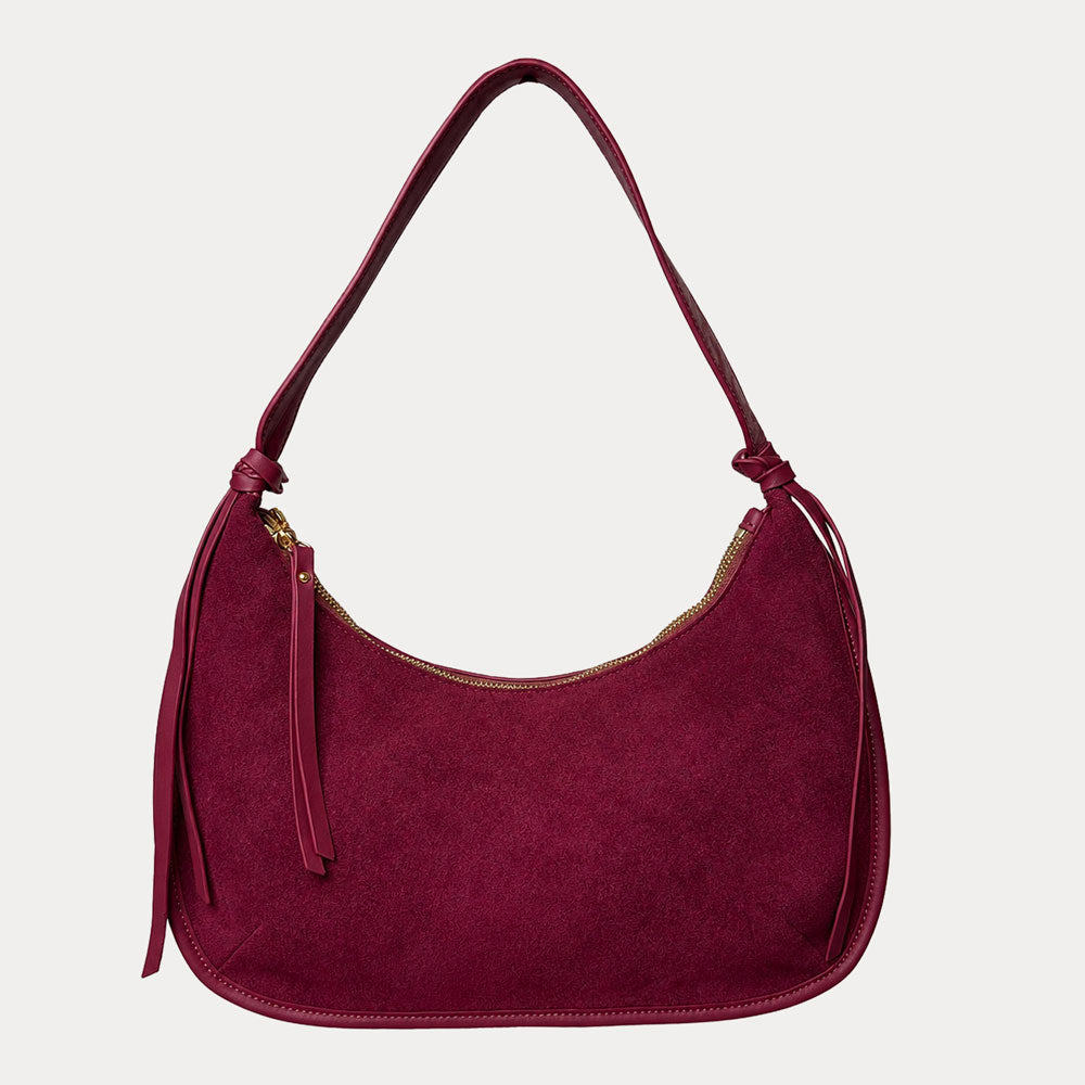 Ahdorned Handbags Burgundy Sara Solid Suede Shoulder Bag w/ Tassels