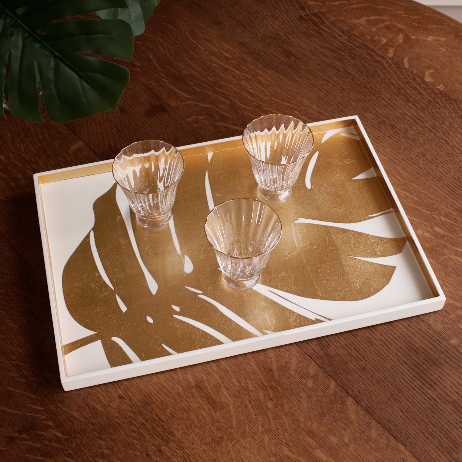 Beatriz Ball Serveware Beatriz Ball INDOCHINE Large Lacquered PhilodendronTray White and Gold