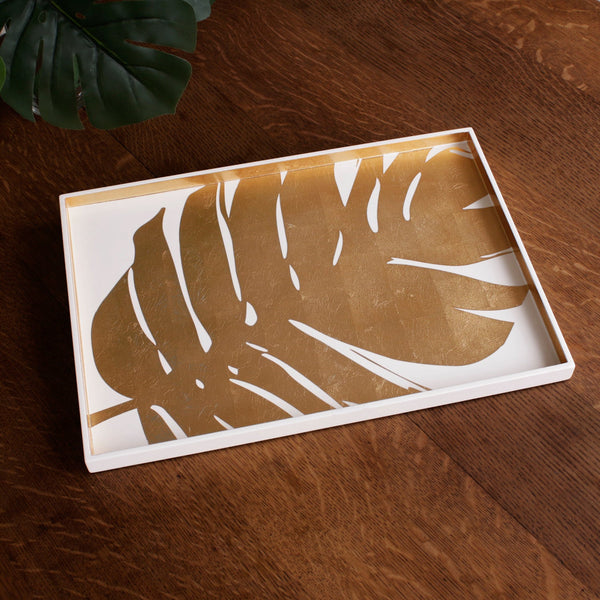 Beatriz Ball Serveware Beatriz Ball INDOCHINE Large Lacquered PhilodendronTray White and Gold