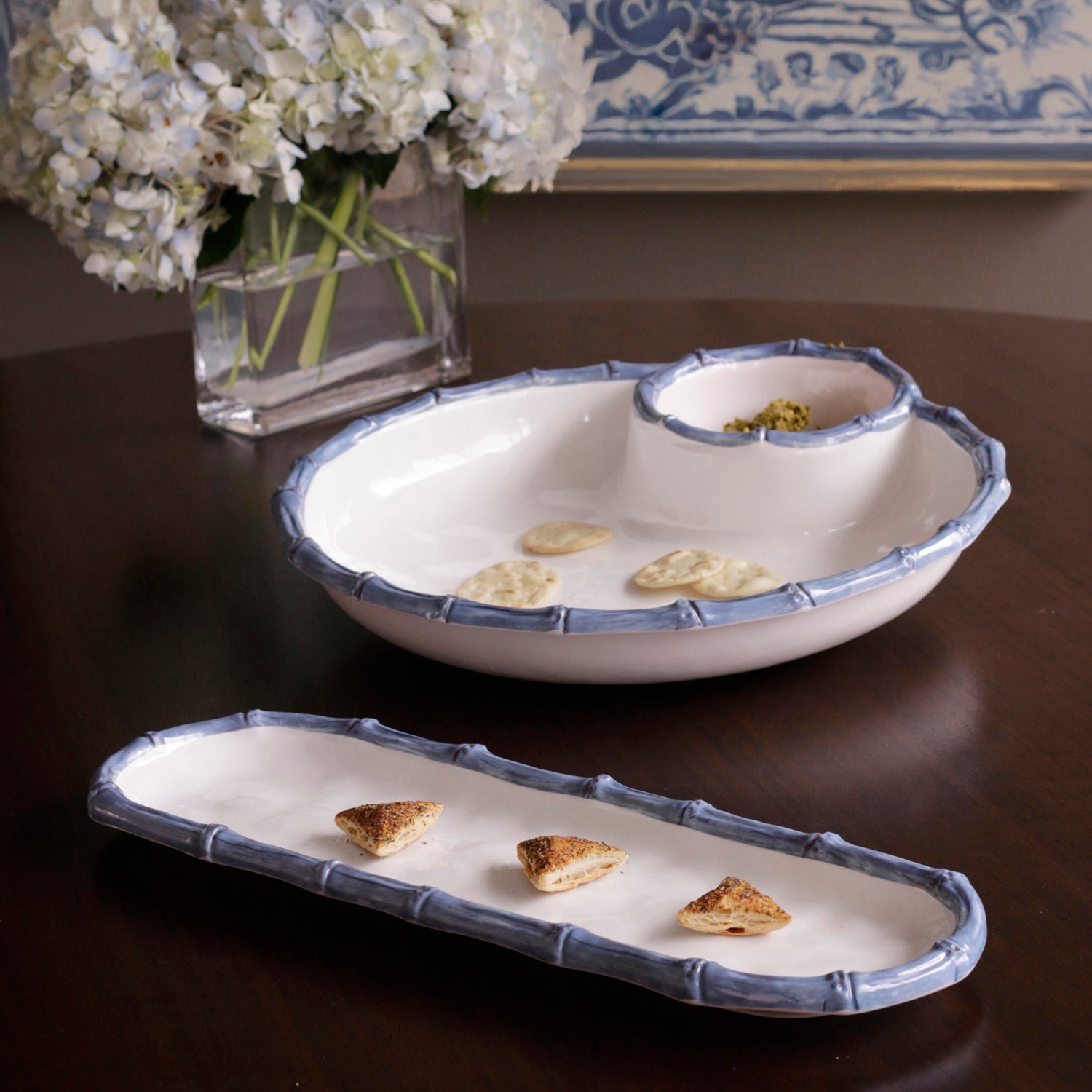 Beatriz Ball Serveware Beatriz Ball VIDA Bamboo Large Chip & Dip Bowl (White and Blue)