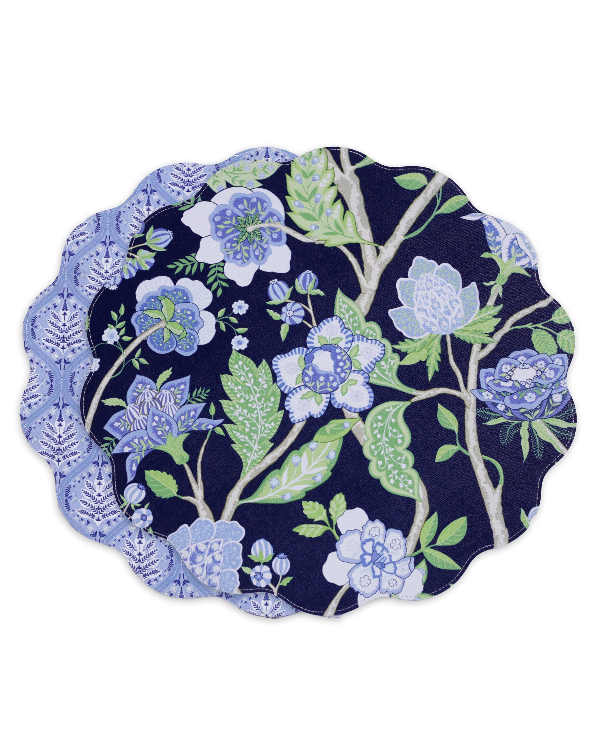 Beatriz Ball Giftware Beatriz Ball VIDA Blooms & Branches Reversible  Round Placemats Set of 4 Navy & Green