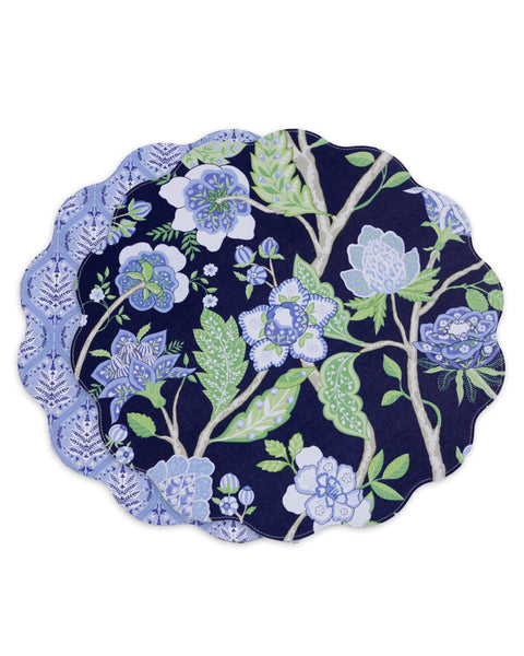 Beatriz Ball Giftware Beatriz Ball VIDA Blooms & Branches Reversible  Round Placemats Set of 4 Navy & Green