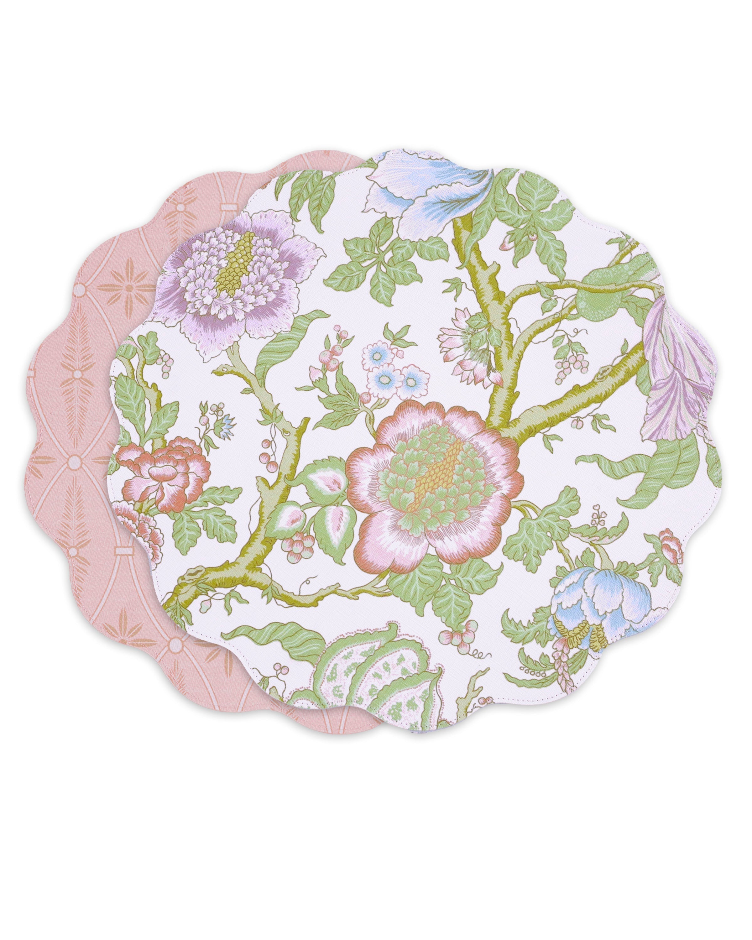 Beatriz Ball Giftware Beatriz Ball VIDA Blooms  & Branches Reversible  Round Placemats Set of 4 Pastel Pink & Blue